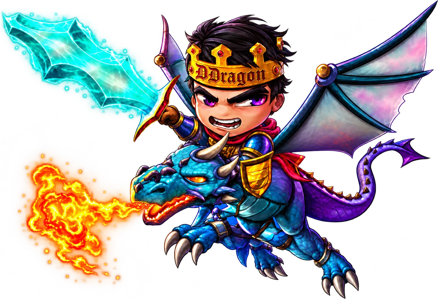 Rei do DDragon com coroa dourada, montado em um dragão azul que cospe fogo, empunhando uma espada de gelo