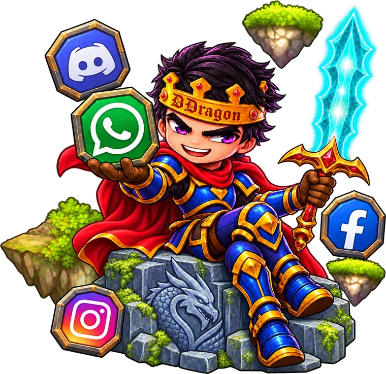 Rei do DDragon sentado no trono de pedra, cercado pelos ícones das redes sociais